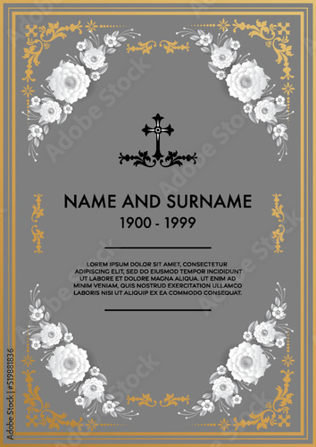 Memorial funeral card templates with flowers paper cut.