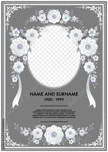 Memorial funeral card templates with flowers paper cut.