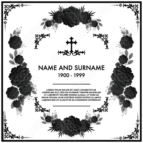 Memorial funeral card templates with flowers paper cut.