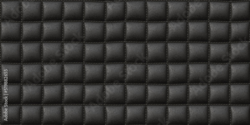 Seamless luxury black leather padded upholstery background texture. Tileable closeup of elegant stiched and quilted vinyl squares pattern, ideal for sofa, headboard or backdrop. 3D rendering..