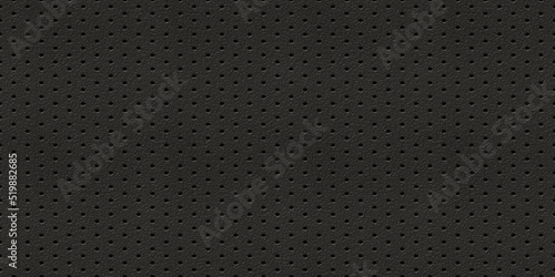 Seamless perforated black leather background texture. Tileable trendy elegant dark grey leatherette with pierced holes. Luxury steering wheel or auto seat upholstery material pattern. 3D rendering.. photo