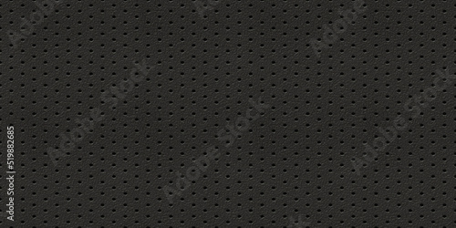 Seamless perforated black leather background texture. Tileable trendy elegant dark grey leatherette with pierced holes. Luxury steering wheel or auto seat upholstery material pattern. 3D rendering..
