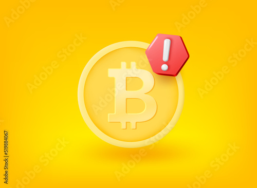 Golden bitcoin coin with exclamation point. Vector 3d illustration