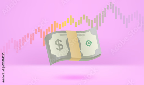 Dollar growing concept with exchange rate graphic. Vector 3d illustration
