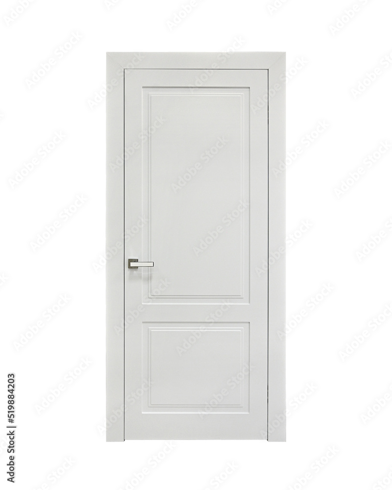 White classic interior door with rectangles on a white background. Front view. Ral 9010. White classic interior door with rectangles on a white background. Front view. Ral 9010.