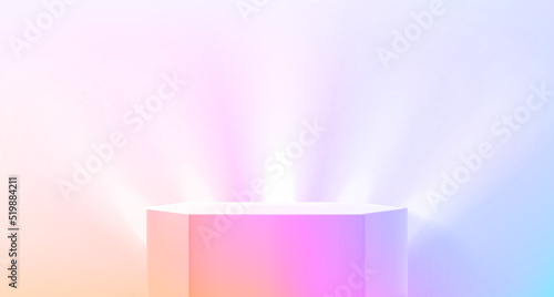 Illuminated bright room with stand holographic effect. Showcase for a product. 3d vector illustration