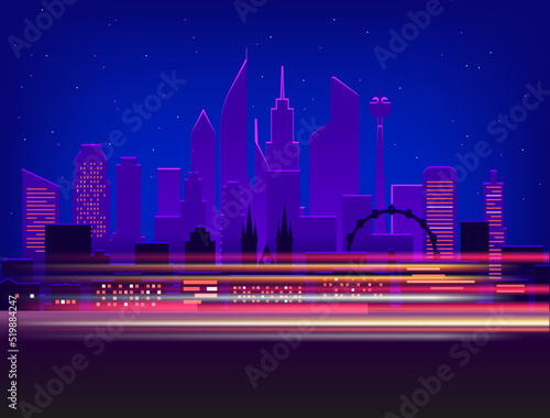 Car traces in modern city with night illumination. vector illustration