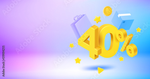 40 percent season discount concept. Vector 3d banner with copy space