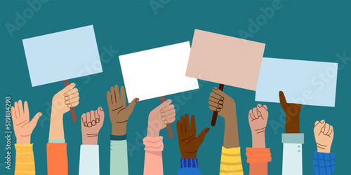 A crowd of people of different nationalities and at a protest. Hands holding empty template of placards and banners. Street demonstration and standing up for their rights. flat vector