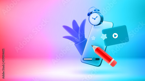Accessories of digital artist. Vector 3d banner with copy space