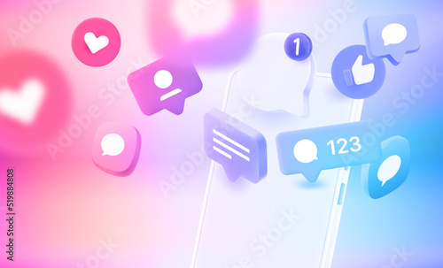 Flying social media notification and icons with cellphone. 3d vector illustration photo