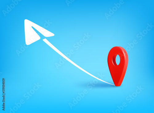 Travel concept with mp pin and airplane. 3d vector illustration