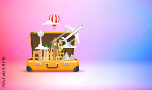 Season travel concept with suitcase and famous world sights. Vector 3d banner