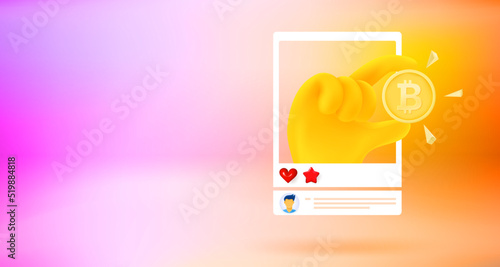 Internet message with hand. Crypto currency mining concept. 3d vector banner with copy space