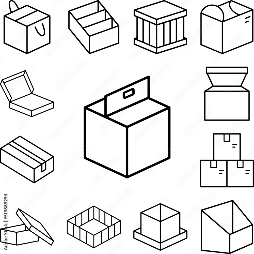 Box opened icon in a collection with other items Box opened icon in a collection with other items