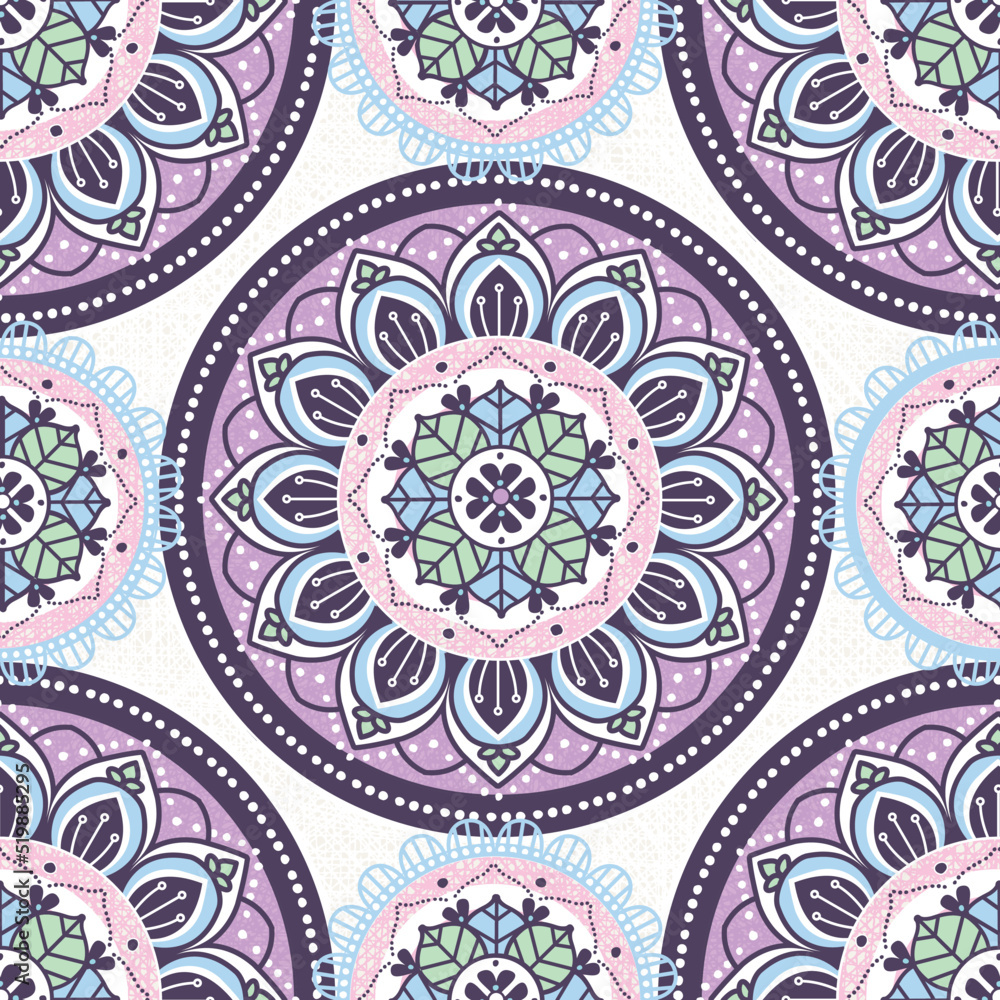 Seamless vector pattern of a pastel colored mandala. Great for teens, tweens, young women's fashion and fun.