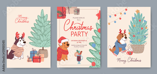 Set of Christmas cards with cute dogs of different breeds. Vector greeting cards and party invitation in flat style. Husky, labrador and beagle cartoon characters in festive costumes. Lettering