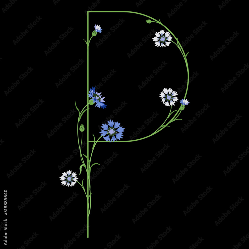 Beautiful letter P with blooming branches of cornflower or knapweed