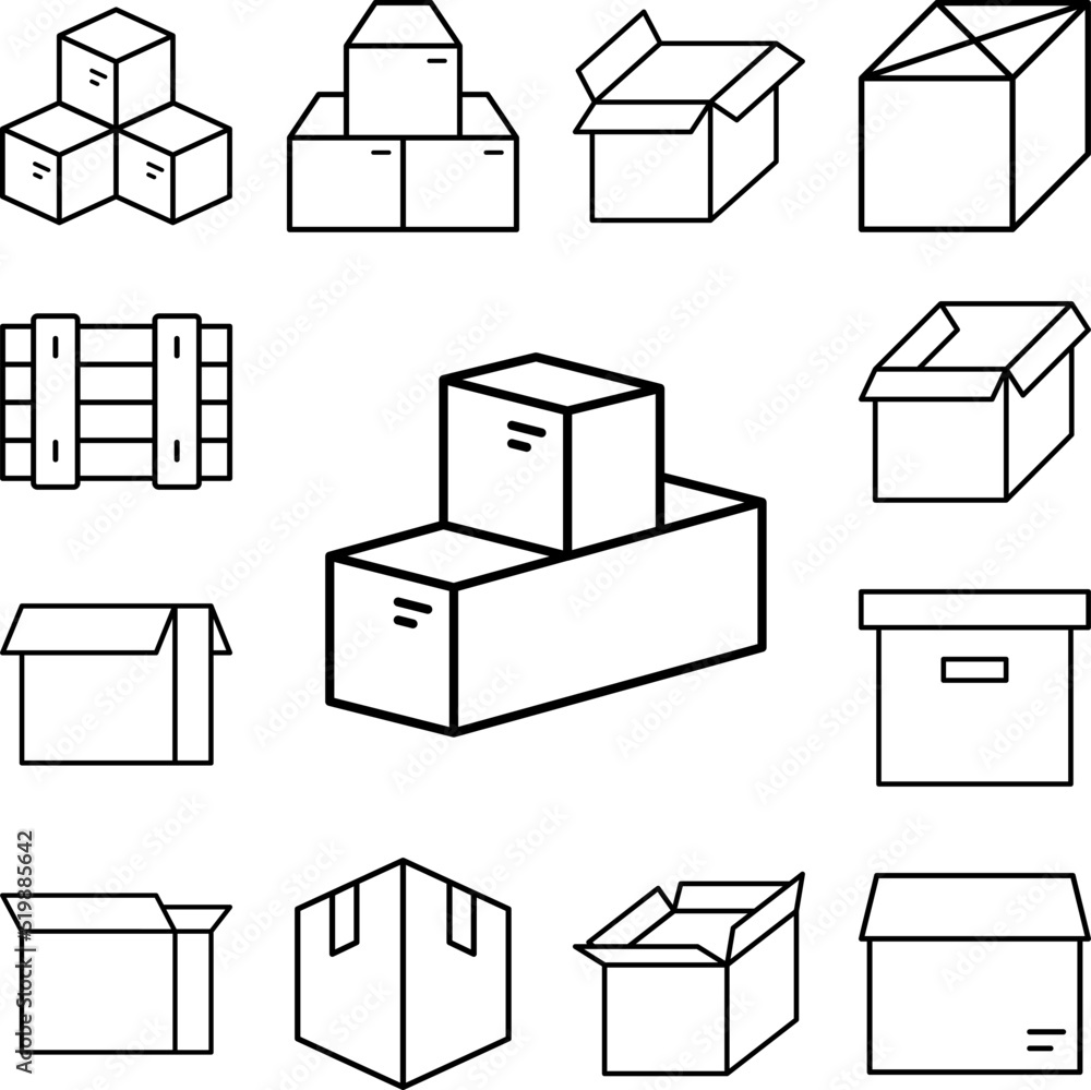 Box closed icon in a collection with other items Box closed icon in a collection with other items