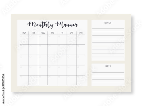 Monthly planning template. Blank monthly planner with notes in pastel colors. Simple stylish organizer design. Vector illustration