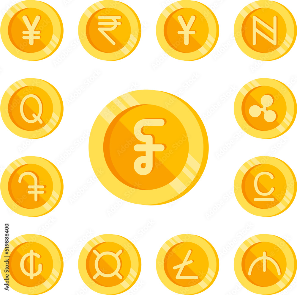 Riel, coin, money color icon in a collection with other items Riel, coin, money color icon in a collection with other items