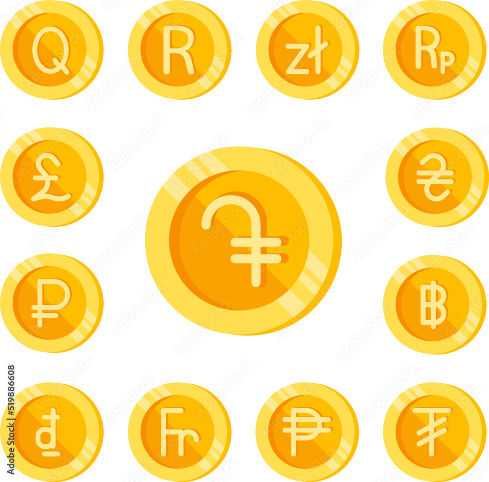 Dram, coin, money color icon in a collection with other items Dram, coin, money color icon in a collection with other items