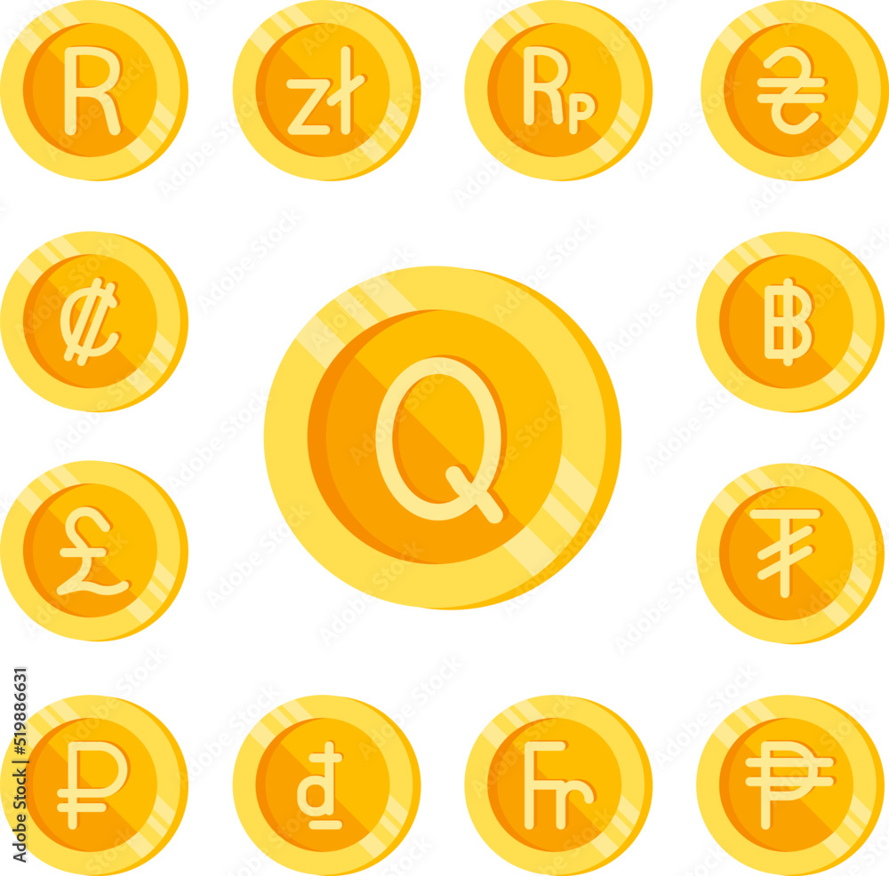 Quetzal, coin, money color icon in a collection with other items Quetzal, coin, money color icon in a collection with other items
