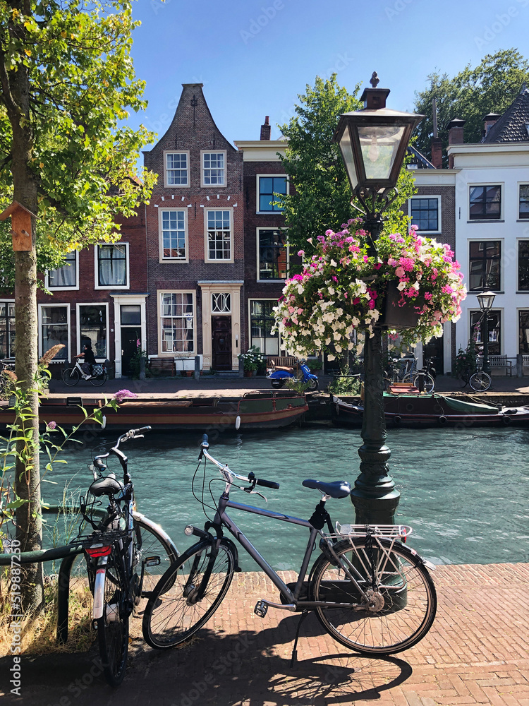 Traditional dutch houses along a canal in Leiden
