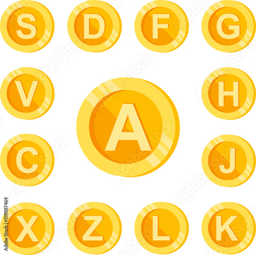 A, letter, coin color icon in a collection with other items