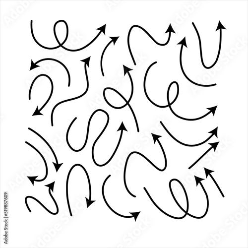 Clean arrows style doodle set hand drawn. Curve line, preliminary