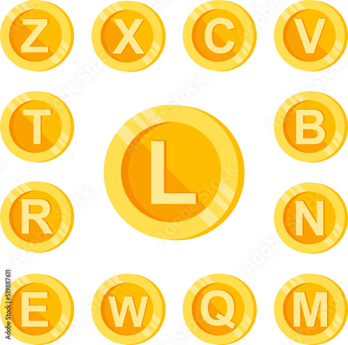 L, letter, coin color icon in a collection with other items