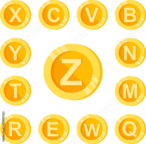 Z, letter, coin color icon in a collection with other items