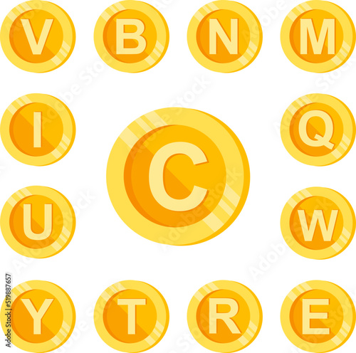 C, letter, coin color icon in a collection with other items