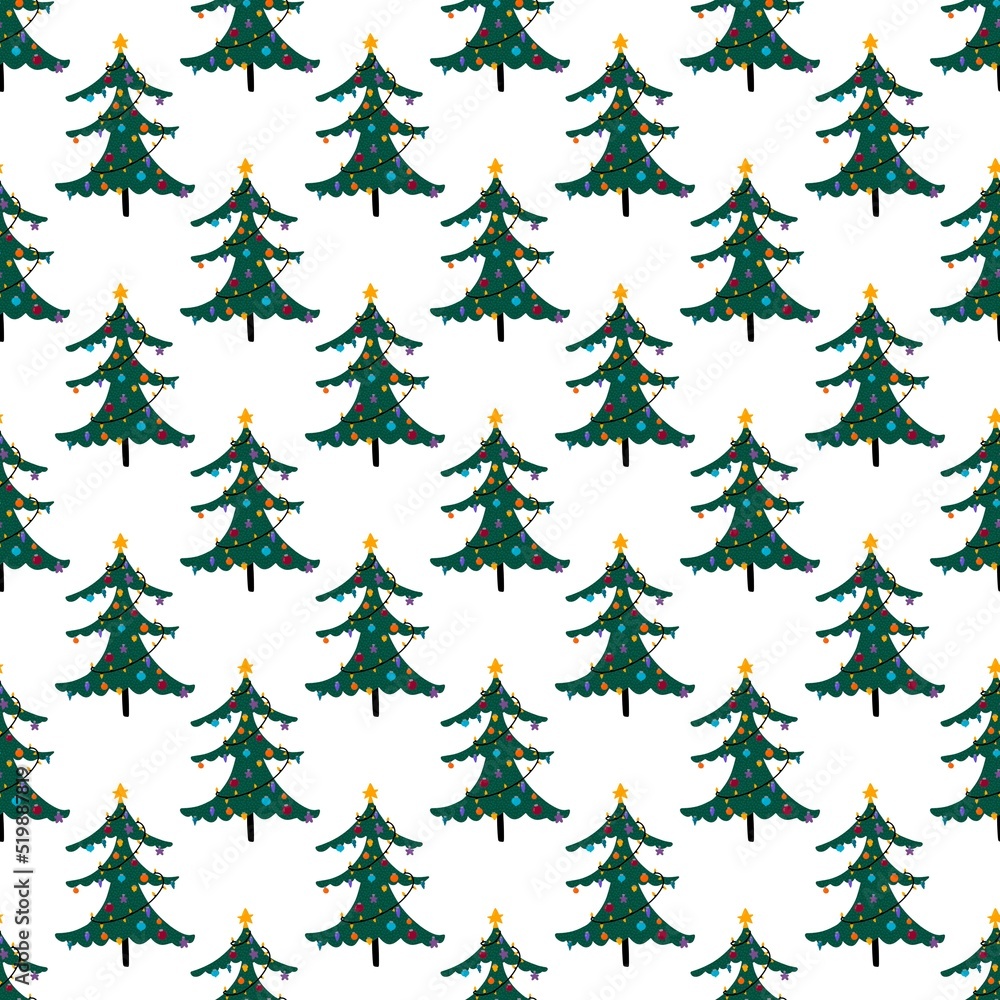 Fototapeta premium Winter new year seamless Christmas trees balls toys pattern for wrapping and clothes print and accessories and gifts box
