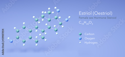 estriol, oestriol, Female sex Hormone Steroid. Molecular structure 3d rendering, Structural Chemical Formula and Atoms with Color Coding, 3d rendering photo