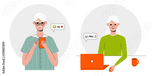 Old people using dating apps, social media. Nice elderly male and female characters use mobile phone and laptop. Landing page template, web banner. Cute vector illustration in flat style.