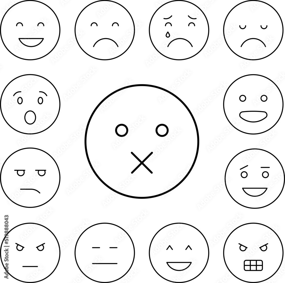 Mute, emotions icon in a collection with other items Mute, emotions icon in a collection with other items