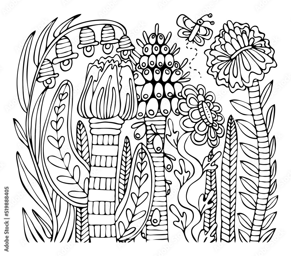 Coloring page bouquet of flowers thin line art. Floral pattern of