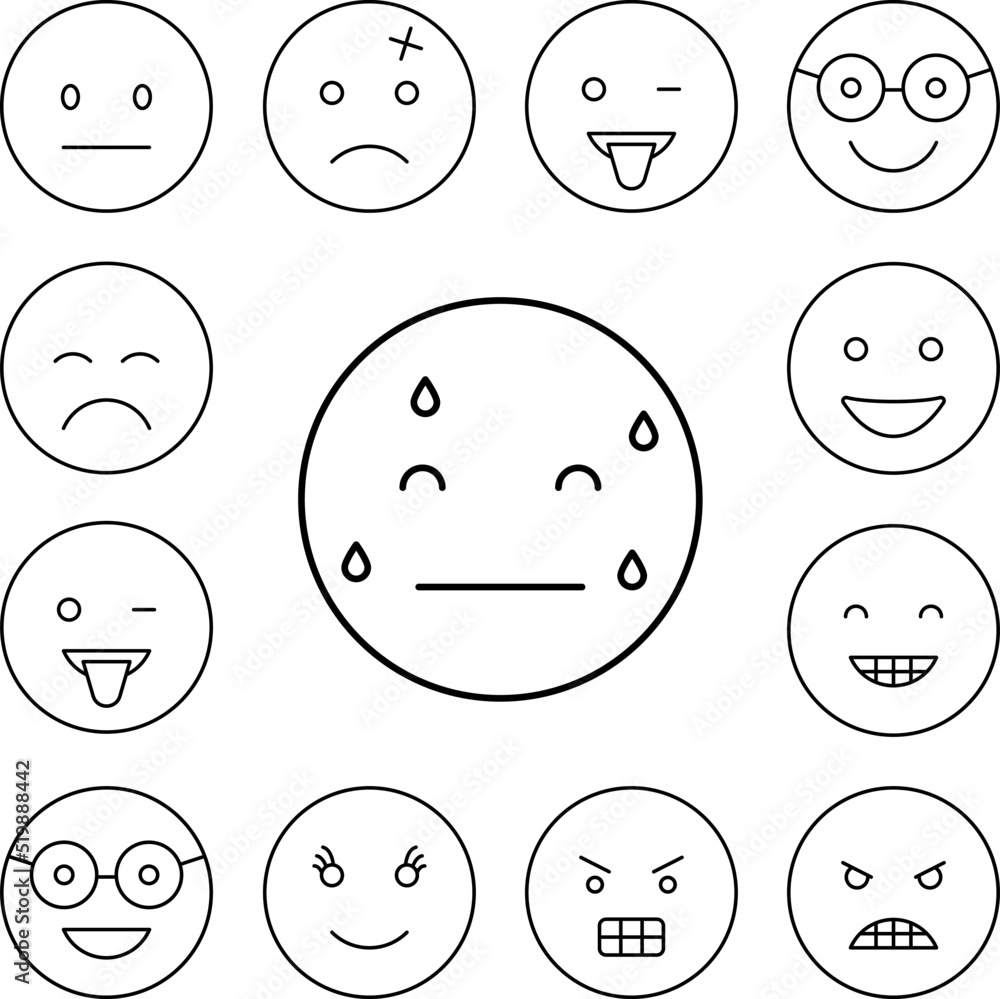 Sweating, emotions icon in a collection with other items Sweating, emotions icon in a collection with other items