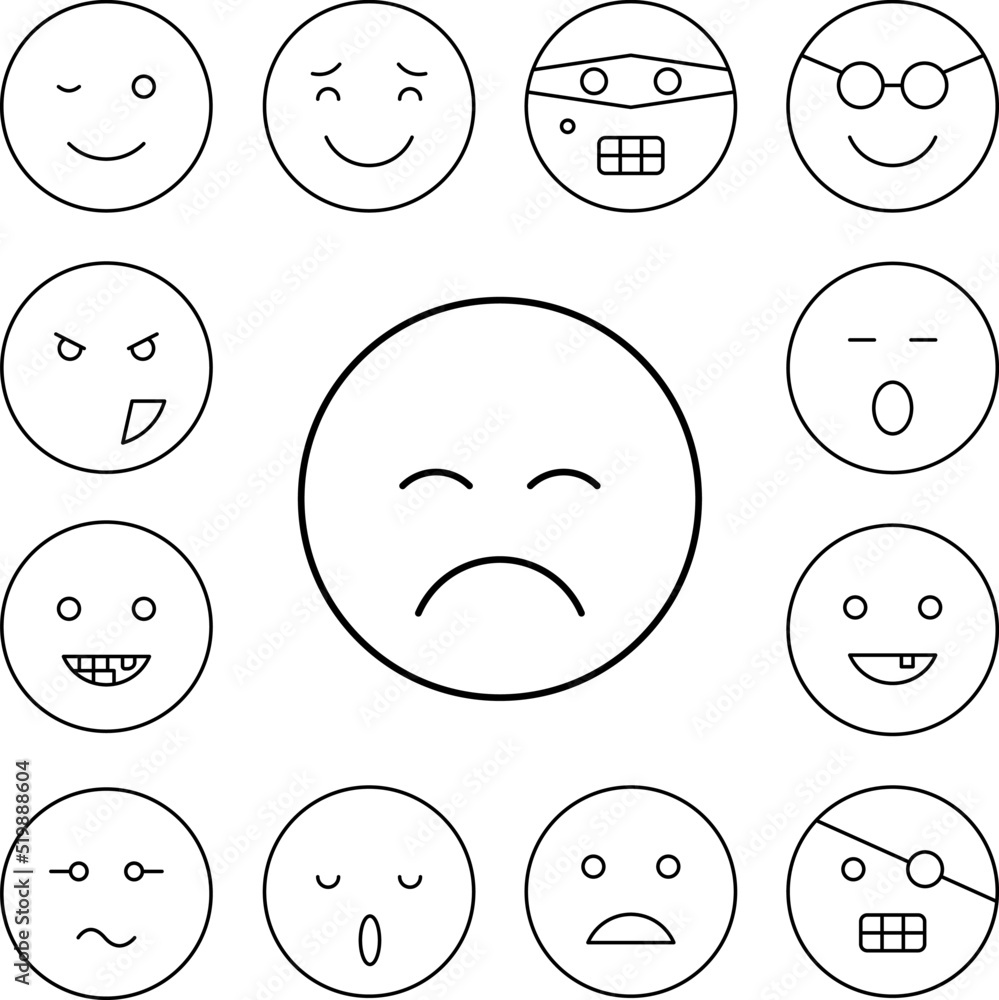 Sad, closed eyes, emotions icon in a collection with other items Sad, closed eyes, emotions icon in a collection with other items