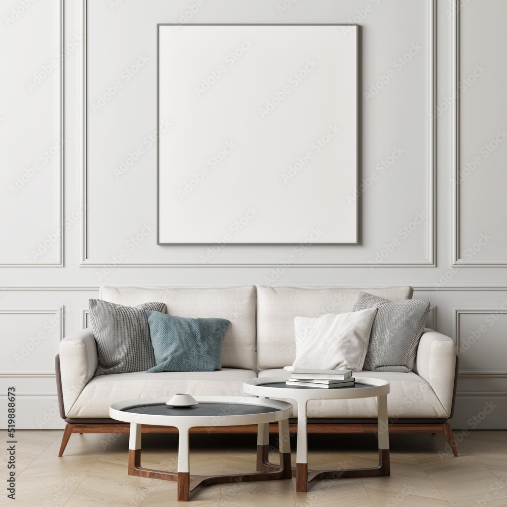 Mock up poster and sofa in classical living room design, 3d illustration, 3d render. Mock up poster and sofa in classical living room design, 3d illustration, 3d render.