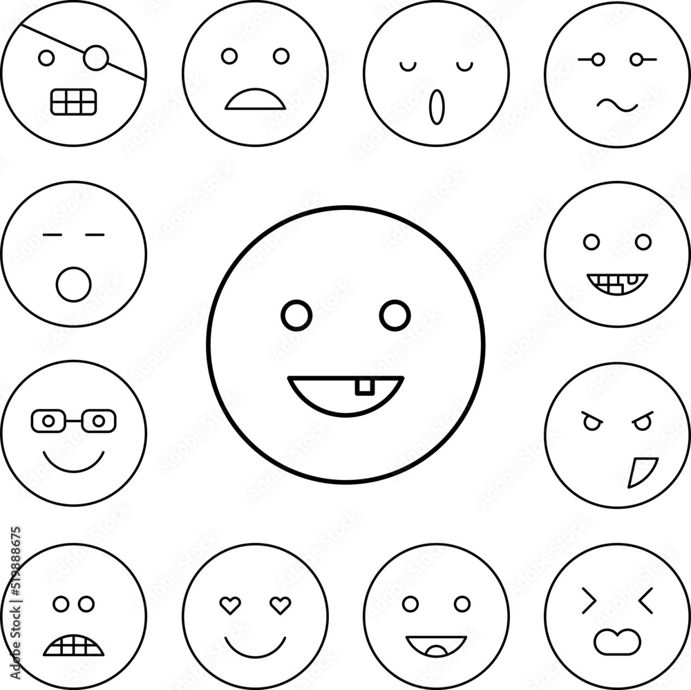 Happy with one tooth icon in a collection with other items Happy with one tooth icon in a collection with other items