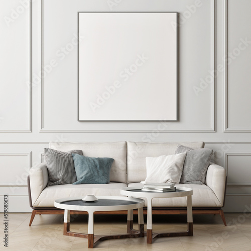 Mock up poster and sofa in classical living room design, 3d illustration, 3d render.