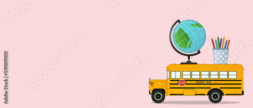 School bus, globe and stationery on pink background with space for text