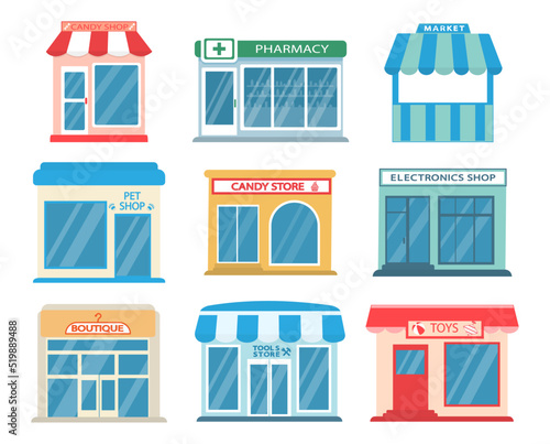 Icons of city store buildings. Vector catoon illustration.