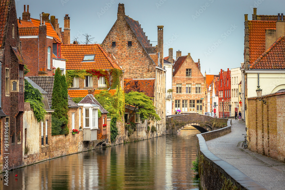 Peaceful Canal in idyllic Bruges with bridge, Belgium