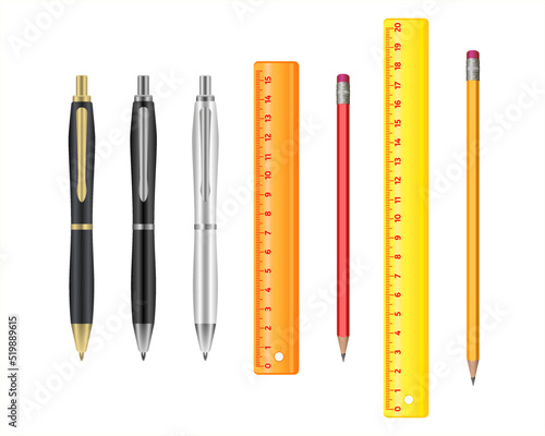 Pencils, pens and rulers isolated on white background. Collection of stationery. For educational, business concepts. Realistic  illustration with school supplies.