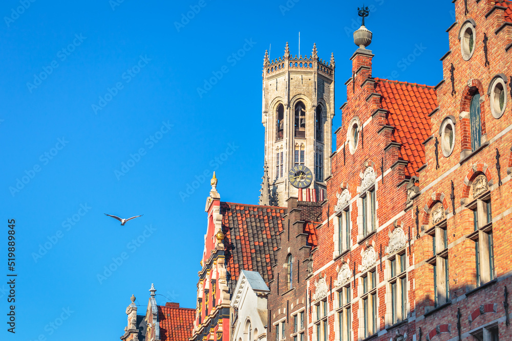 Pigeon flying above Bruges market square, flemish architecture