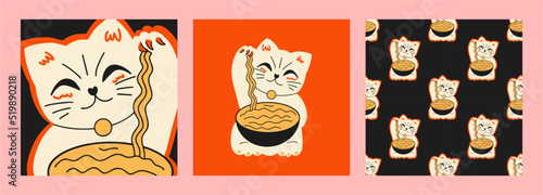 Maneki-neko with noodles. Vintage asian japanese food sushi noodles. Promo templates for a Japanese restaurant. Advertising with national oriental noodles.