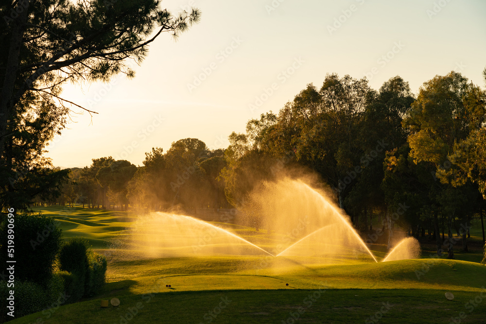 Watering the grass on the golf course in the evening Watering the grass on the golf course in the evening